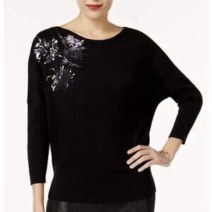 Alfani Embellished Dolman Sleeve Sweater, Women’s Petite Large, Black W/ Sequins